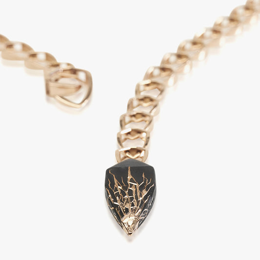 Luxury Eclissi Catena Andromeda necklace handcrafted in 18K ethical gold with burned engravings, blending cosmic symbolism and artisanal detail – designed by Riccardo Contini