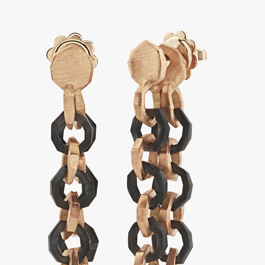Luxury Eclissi Legami di Luce earrings handcrafted in 18K rose ethical gold with burned finish—symbolizing luminous connections and artisanal excellence, designed by Riccardo Contini