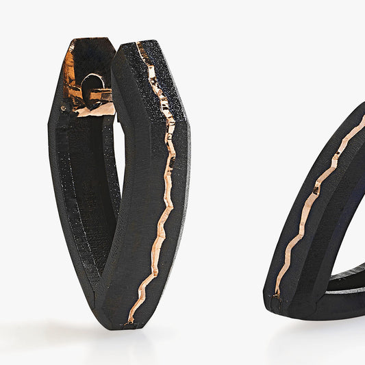 Luxury Eclissi Terra che Cammina earrings handcrafted in 18K rose ethical gold with burned, engraved details—embodying the essence of the earth in motion, designed by Riccardo Contini