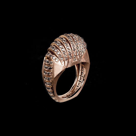 Luxury Ponti ring handcrafted in 18K rose ethical gold with brownish diamonds, inspired by the journey across life's bridges—bold, symbolic, and timeless by Riccardo Contini