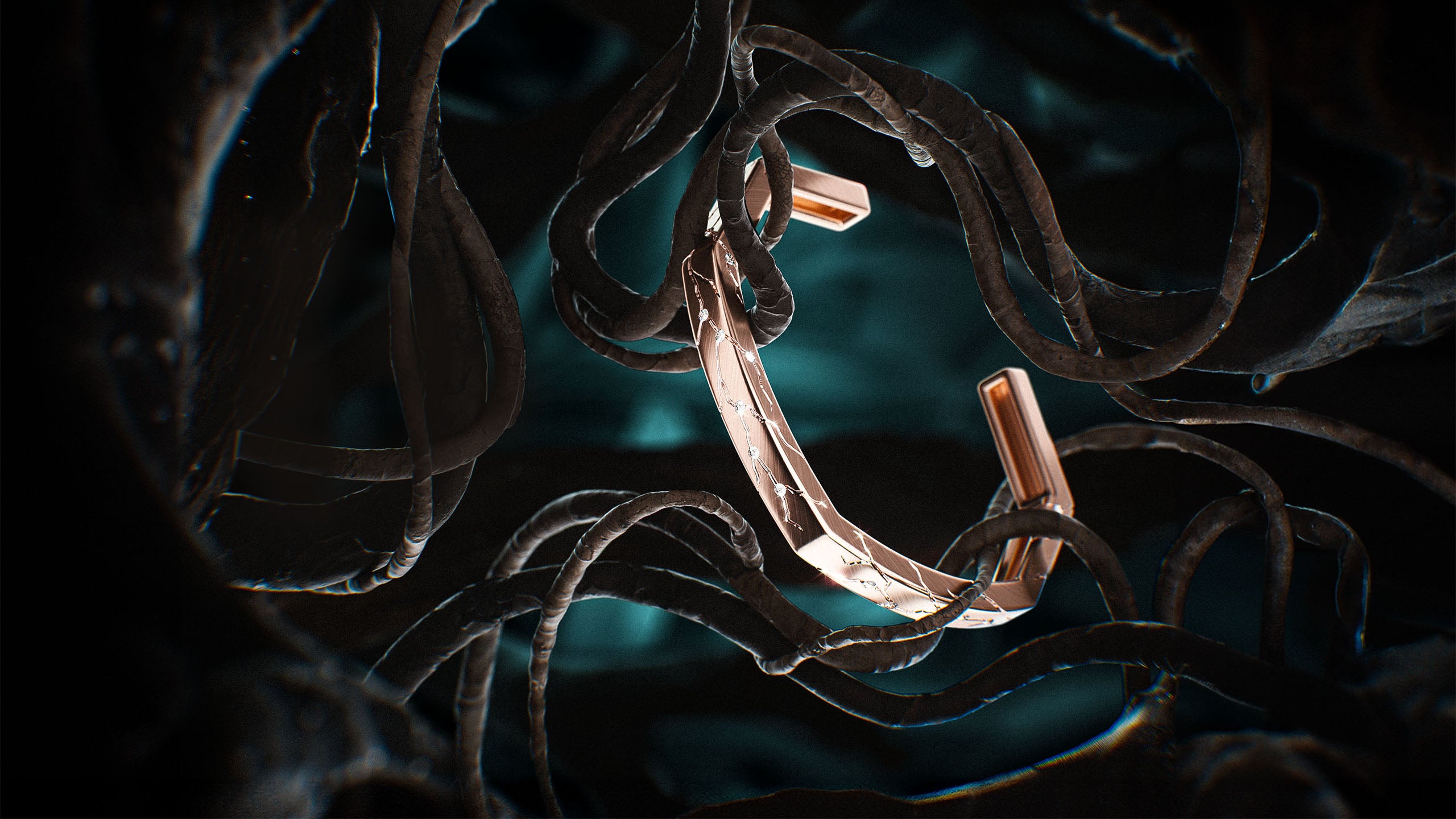 Artistic rendering of the dedizione bracelet in 18K ethical gold, suspended in a surreal organic network—symbolizing nature’s inner flow and the vital connections within living systems. Designed by Riccardo Contini

