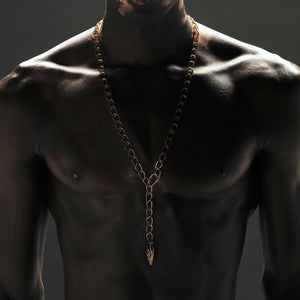Luxury Eclissi Catena Andromeda necklace handcrafted in 18K ethical gold with burned engravings, blending cosmic symbolism and artisanal detail – designed by Riccardo Contini