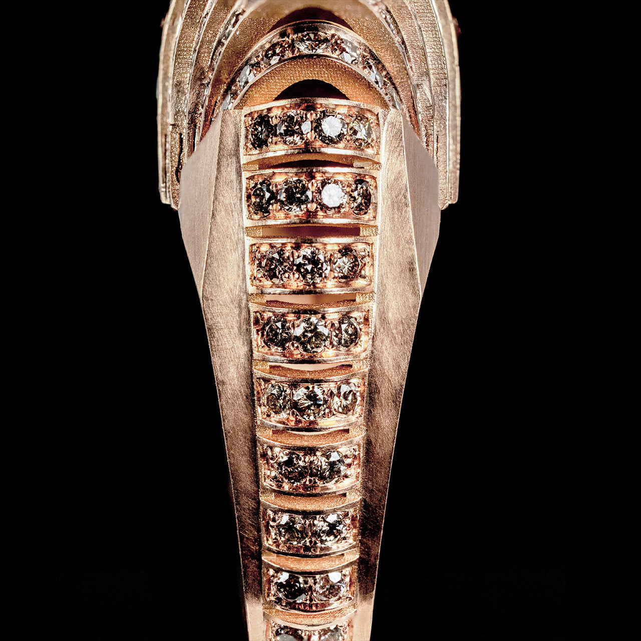 Luxury Ponti ring handcrafted in 18K rose ethical gold with brownish diamonds, inspired by the journey across life's bridges—bold, symbolic, and timeless by Riccardo Contini