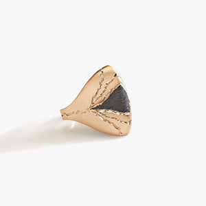 Luxury Scudo di Sequoia ring handcrafted in 18K rose ethical gold with burned engravings, a shield-like design inspired by the strength and wisdom of the sequoia tree – designed by Riccardo Contini

